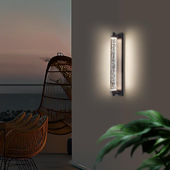 Black Outdoor Wall Sconce, 23.6inch Bubble Crystal Modern Wall Mounted Lights, 3000K-6500K Dimmable Waterproof LED Exterior Lamp Lighting for Porch, Garage, Patio, Living Room, Indoor