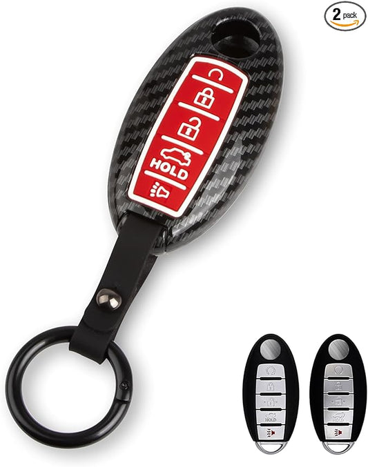 Xotic Tech Smart Key Fob Shell Full Cover Case w/Keychain Compatible with Nissan Maxima Murano Altima GT-R 370Z Rogue or Infiniti JX35 Q50 Q60 Q70 QX60, Carbon Fiber ABS Silicone Night-Luminous Red