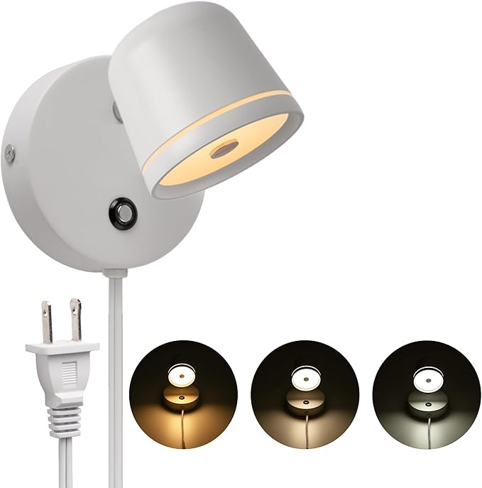 Aisilan Plug in Wall Sconce, Touch Dimmable Wall Light with 3 Color Temperatures, Adjustable 7W LED Sconce CRI97, Modern White Aluminum Plug in Wall Lamp for Bedroom Bedside Reading