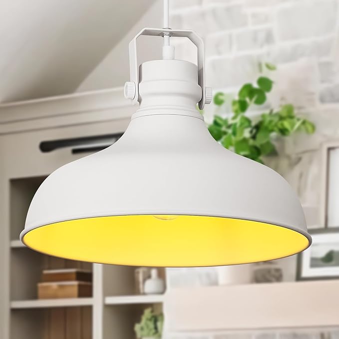 White Farmhouse Pendant Lights Matte Pendant Lighting for Kitchen Island Industrial Adjustable Height Vintage Dome Hanging Light Fixtures for Barn, Dining Room 3 Packs