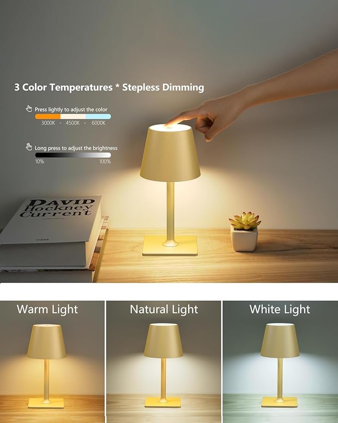 Cordless Table Lamp, 6000mAh Battery Operated, 250LM Adjustable Brightness IP65 Height Adjustable - Set of 2 Gold Wireless Lamps for Restaurant Patio Bedside Outdoor Cafe & Home Decor
