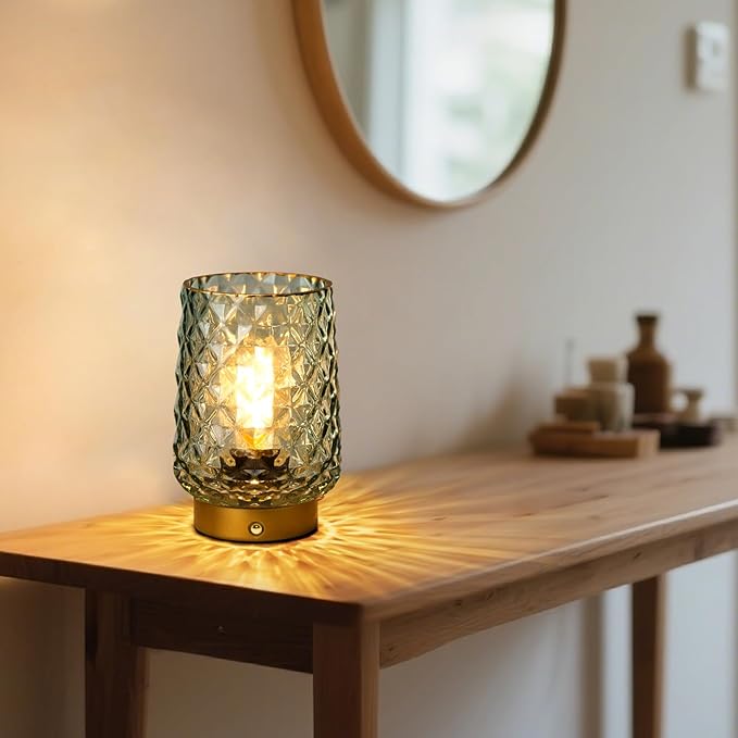 MJ PREMIER Cordless Rechargeable Table Lamp, Dimmable Portable Night Light with Diamond Facet Design 1800mAh Battery Operated Lamp for Bedside Patio Outdoor Home Decor, Emergency Gift for Women Green