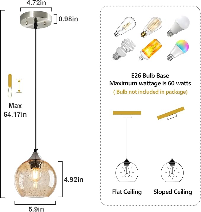 Light Brown Glass Pendant Lights Kitchen Island Globe Pendant Light Fixtures Modern Pendant Lighting for Bedroom Living Dining Room Light Fixture (5.9 in, 1 Pack)
