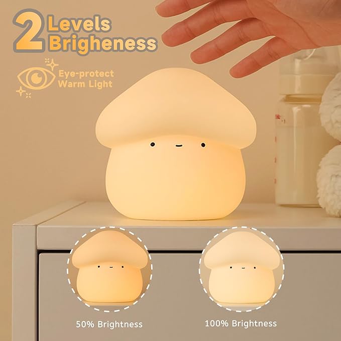 Mushroom Night Light for Kids, Cute Silicone Mushroom Lamp with Timer, 2 Levels Dimmable Squishy Night Light for Baby Nursery, Rechargeable Touch Night Light Mushroom Gifts for Boys and Girls (White)