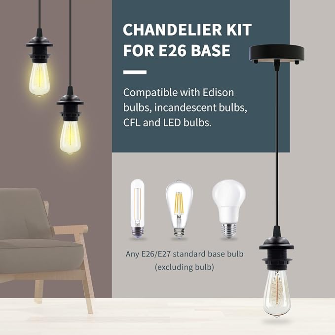Industrial Mini Pendant Light Kit, Edison Retro Pendant, UL E26 Lamp Socket Vintage Pendant Light Cord, Mini Ceiling Hanging Light Fixtures, Adjustable Hanging Light Kit for Kitchen（Black）