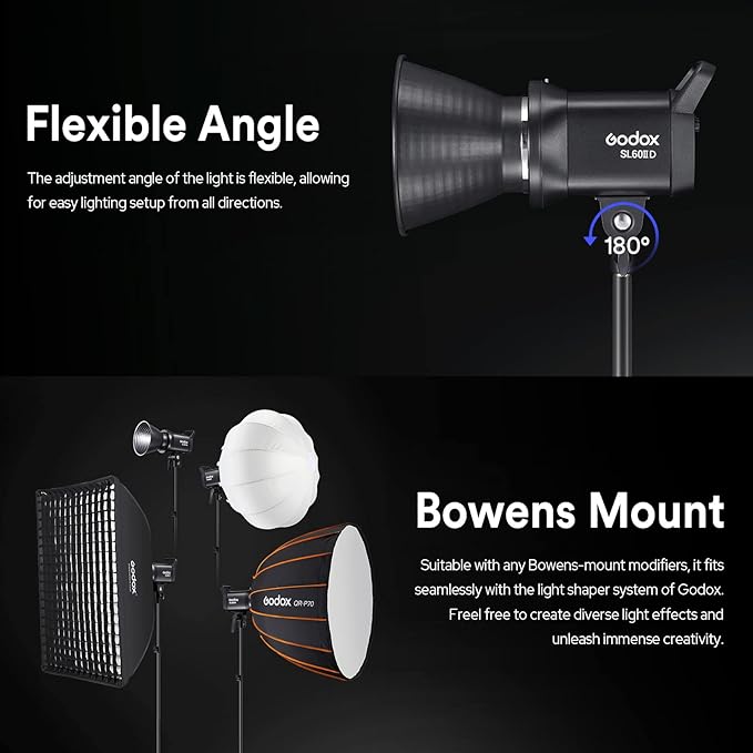 Godox SL60IID LED Video Light, 70W Bowens Mount LED Modeling Lamp,APP Control,5600±200K,Flexible Angle, 8 FX Effects Strobe Light Photography Lamp for Video Recording Wedding Outdoor Shooting