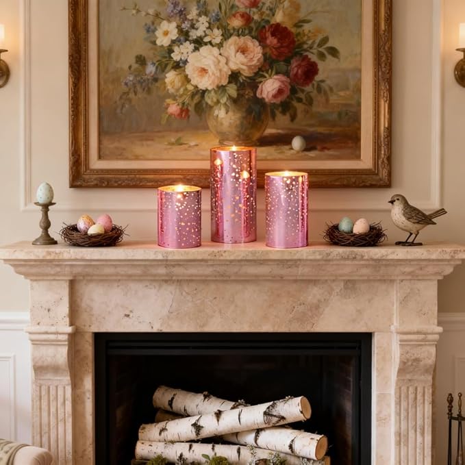 Pink Flameless LED Candles with Remote – Mercury Glass, Real Wax, Warm White Flicker, 500+ Hrs, Easter & Spring Decor for Women, Valentine's Day. Batteries Included
