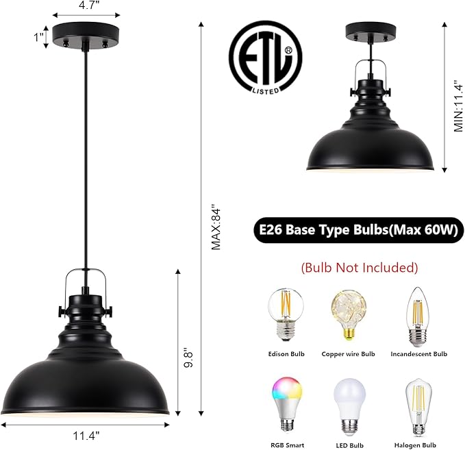 Industrial Pendant Light Fixture, Farmhouse Decor Adjustable Metal Hanging Lamp, Vintage Pendant Lighting for Kitchen Restaurant Dining Room Cafe, E26 Base Black (Black, 3 Pack)