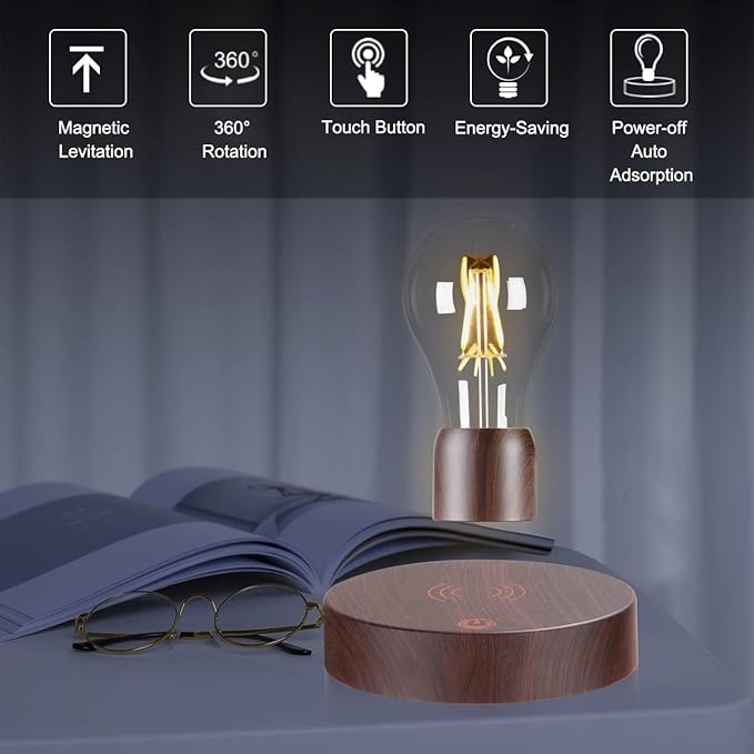 VGAzer Magnetic Levitating Floating Wireless LED Light Bulb Desk Lamp for Unique Gifts, Room Decor, Night Light, Home Office Decor Desk Tech Toys (Round Wooden Base..)