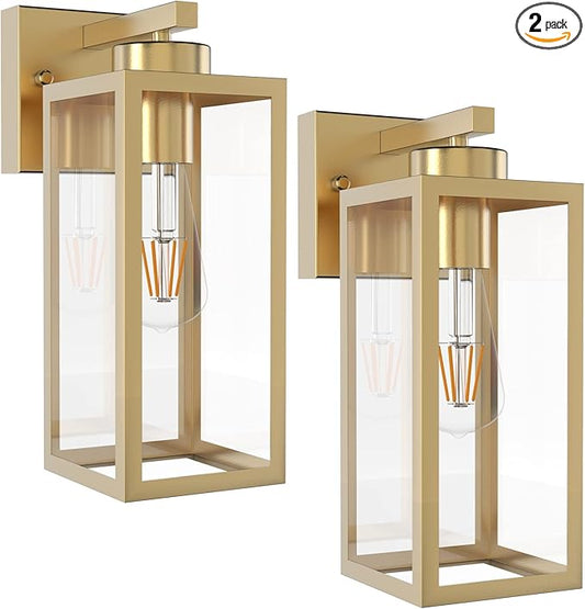 Tipace Outdoor Wall Lantern 2 Pack Gold Exterior Wall Sconce with Clear Glass Shade Wall Mount Lights for Entryway,Porch,Doorway(Bulb Not Included)
