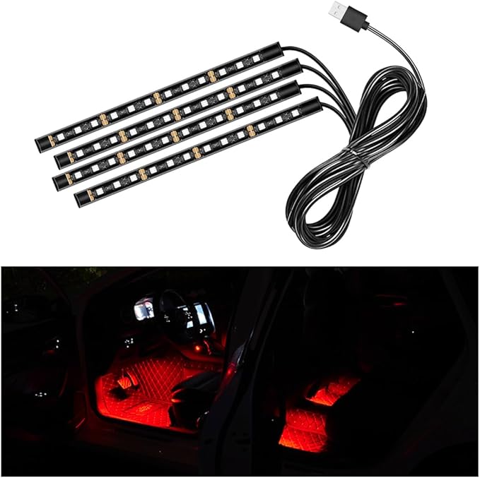 Car LED Strip Light, 48 LED RGB Auto Interior Atmosphere Lights, Cigarette Lighter Under Dash Ambient Night Light, Interior Lamp Lighting Kit (Red, USB)