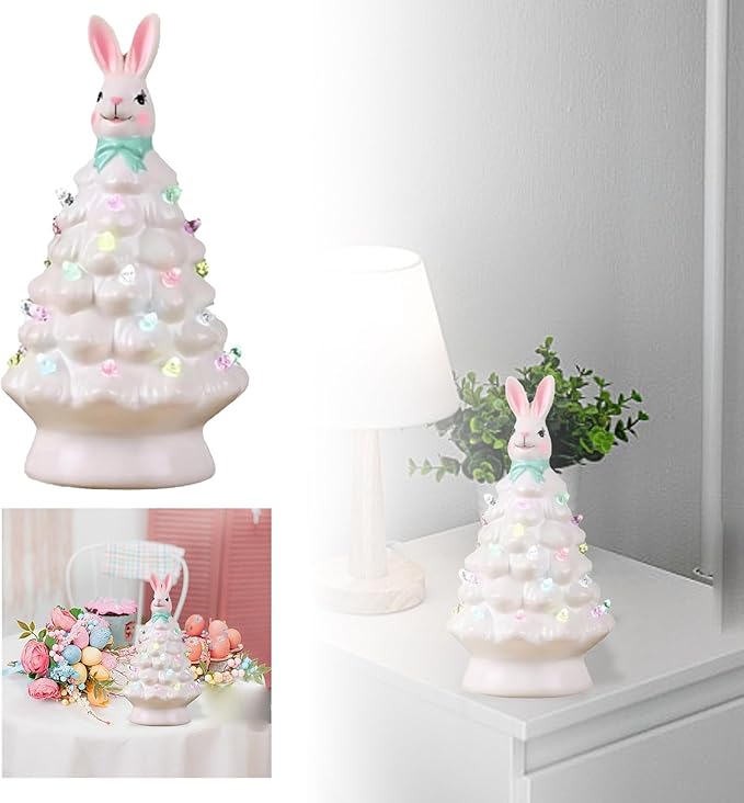 Easter Bunny Tree,Bunny lamp,Glowing Bunny Imitation CeramicTree,Resin BunnyFigurine with Colorful Lamp,Light Up Tree with Rabbit Ears,Easter Night Light for Home Decorations (A)