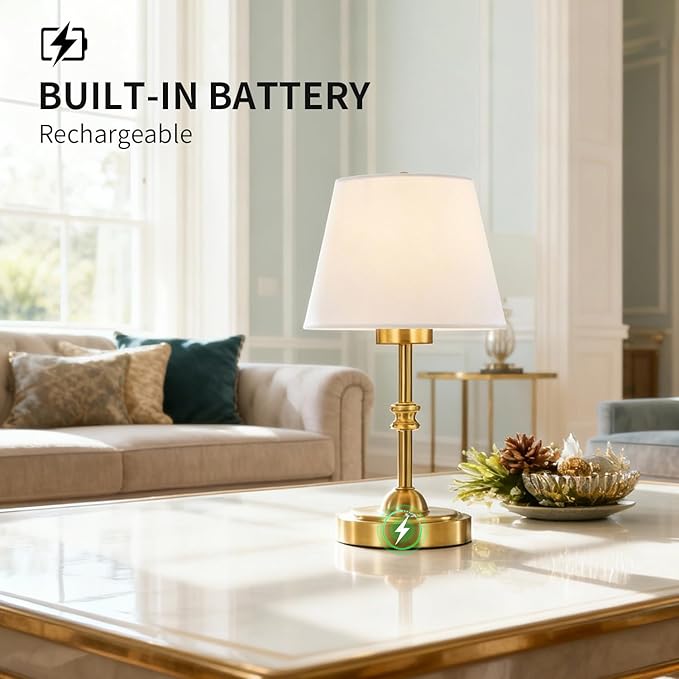 Portables Cordless Table Lamp Set of 2,LED Fabric Shade DeskLamp,Rechargeable Battery Operated，Lighting for Bedroom, Bedside,Bar,Living Room, Dining Room, Night Light (Brass)