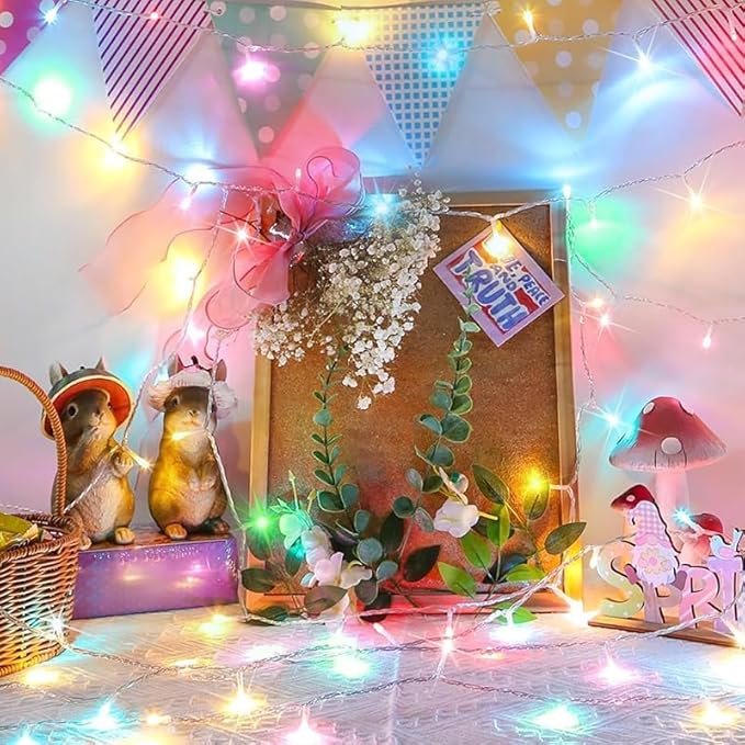 LAMPHOME 33Ft 100 LED Easter Lights Outdoor Indoor for Decorations,16modes Connectable Colorful Pastel Easter Lights String Clear Wire Plug in for Bedroom Tree Room Party Spring Decor