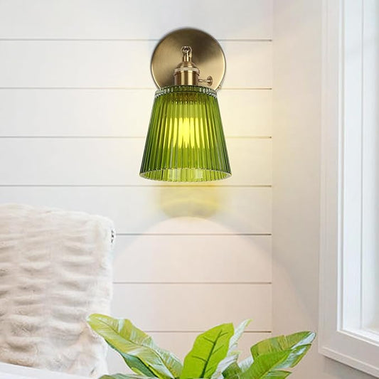 HuisMier Vintage Wall Sconces with Green Stripe Glass Lampshade, Glass Wall Lamp with Switch, Modern 180 Degree Adjustable Brass Wall Sconces for Bathroom Bedroom Living Room Hallway, Hardwired