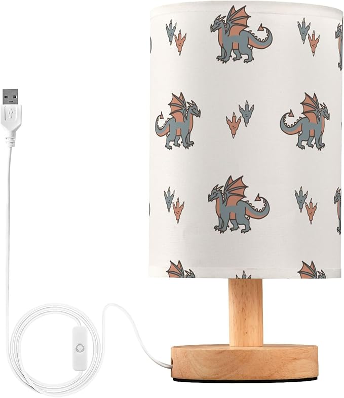 Table Lamp Dragon with Paw Print Nightstand Lamp with Wood Base Fabric Lamp Shade Bedside Desk Lamp for Living Room Bedroom Kids Room Office