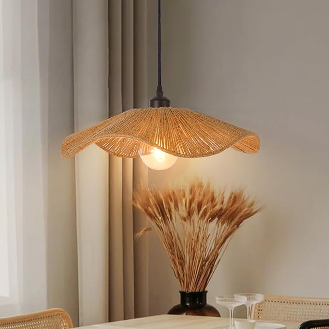Arturesthome Small Boho Woven Twine Pendant Light Modern Ceiling Hanging Light Handwoven Chandelier for Dining Room Restaurant Bedroom 15.7"