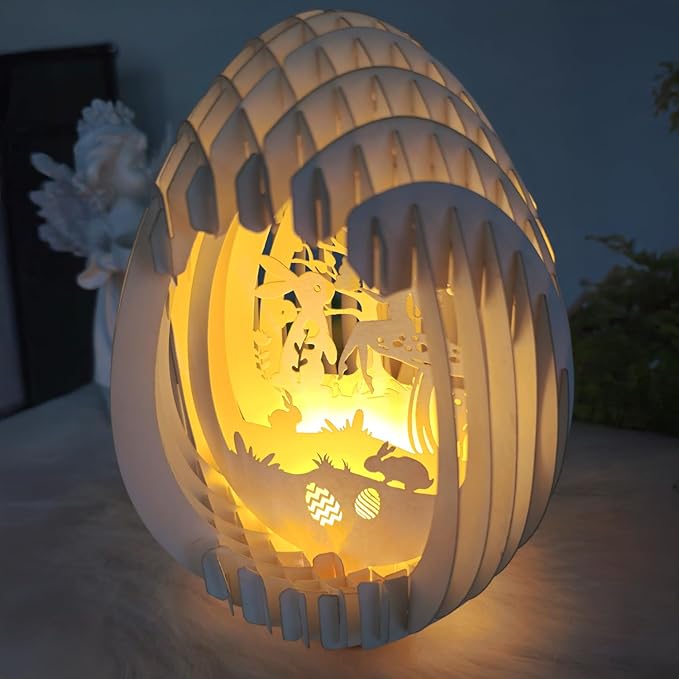 Light Up Easter Egg Bunny With USB Charging for Table Decoration - Paper Cut Easter Egg Decorations Centerpieces For Tables, Mantel, Fireplace - Religious Christian Rabbit Decor For The Home
