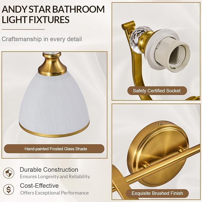 ANDY STAR Gold Bathroom Light Fixture, 5-Light Bathroom Wall Sconces, 35 inch Brass Vanity Light with Milky White Frosted Glass Shade, Large Vintage Wall Lights for Spacious Rooms