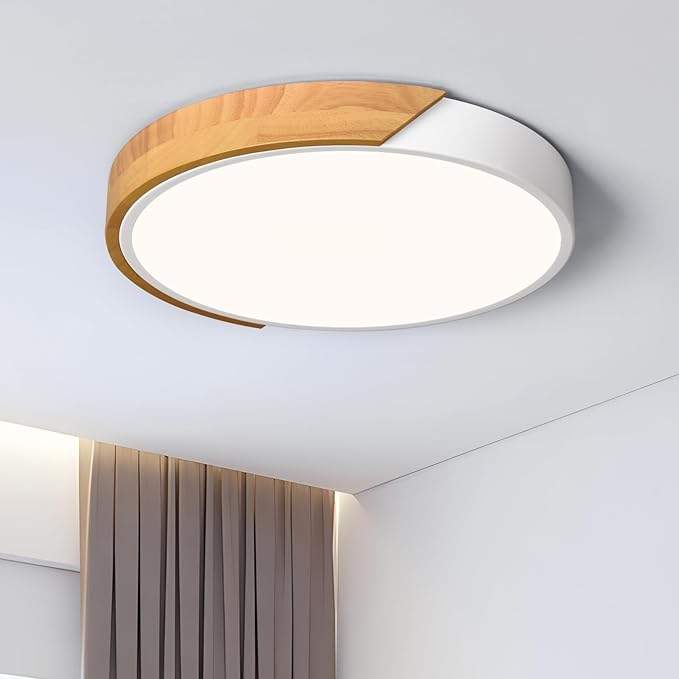 Vikaey Modern LED Ceiling Light, Minimalist Wood Style Flush Mount Ceiling Light Fixture, Circle Lighting Lamp with Acrylic Lampshade for Bedroom Living Room Dining Room Laundry (White, 11.8'')