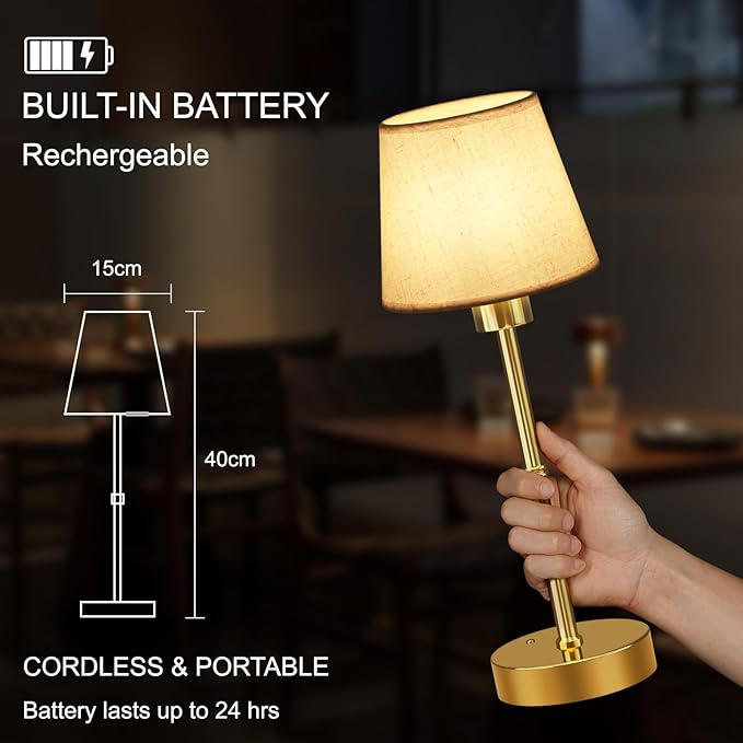 FRIDEKO HOME Rechargeable Table Lamp Gold - Cordless Battery Operated Lamp, Fabric Shade Desk Lamp, Wireless Lamp for Decor Bedroom Dining Table Counter (2pcs-Linen-Bulb Included-15.7in)