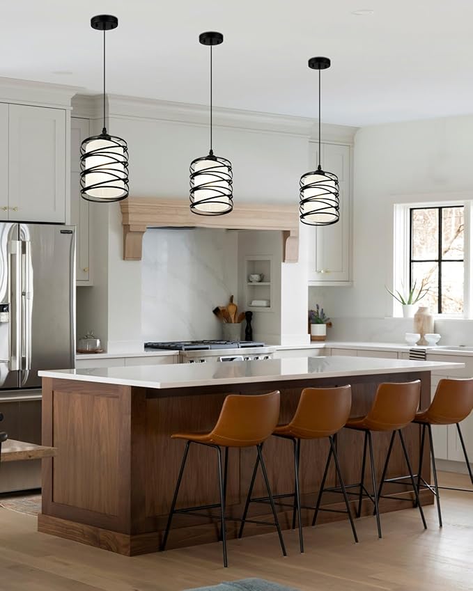 Black Pendant Lights for Kitchen Island, Industrial Pendant Light Fixture with Frosted Glass Shade, Farmhouse Adjustable Spiral Iron Pendant Lighting for Dining Room Foyer Hallway Kitchen