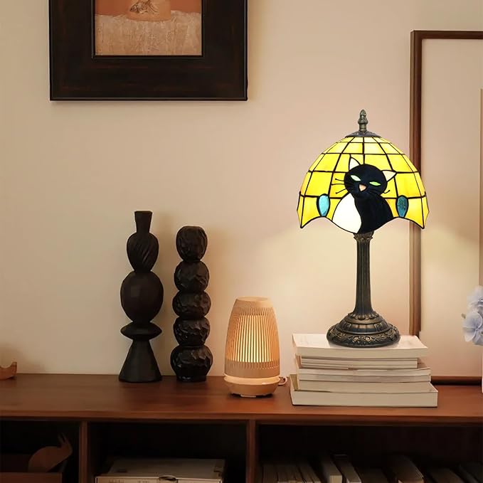 Small Tiffany Lamp Stained Glass Table Lamp Elegant Cute Retro Vintage Style White Black Cat Bedside Night Lamp For Nightstand Bedroom Home Decor Kitchen Counter Antique Living Room Office Fun Lamps