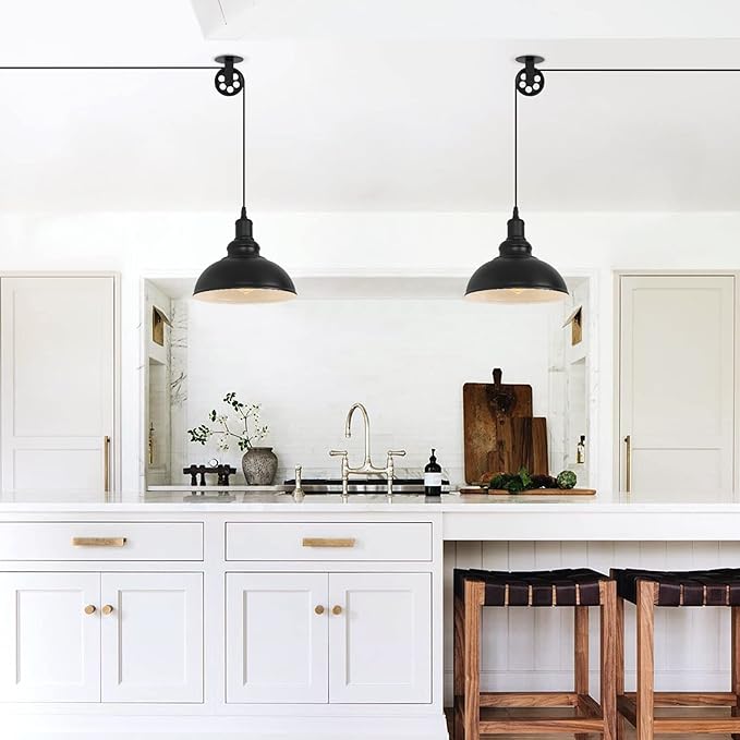 Industrial Black Plug in Pulley Pendant Light with 19.5ft Cord On/Off Switch, Modern Barn Domed Hanging Lamp Ceiling Light for Kitchen Island Dinning Living Room Bedroom Foyer (2 Pack)