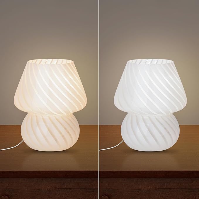 HonoDing Small Mushroom Lamp, Cute Striped Glass Bedside lamp, Vintage Style Desk Lamps, Bedside Lamps for Bedrooms, Reading Rooms, Living Room Decor