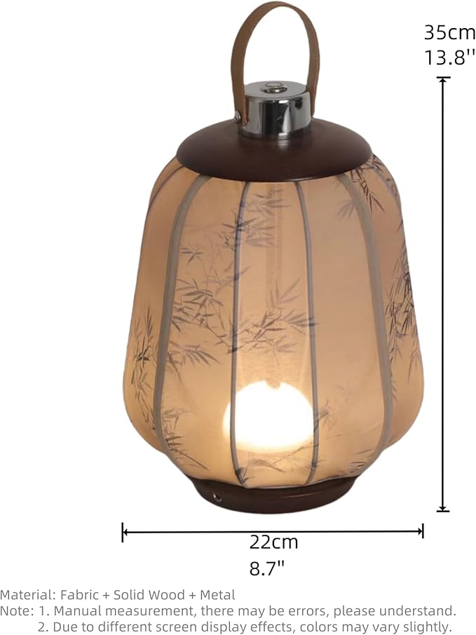 Simple Rechargeable Lantern Table Lamp with Touch Switch, Retro Chinese Small Night Light with Portable Handle, Elegant Decorative Fabric Nightstand Lamp for Bedroom Living Room(White)