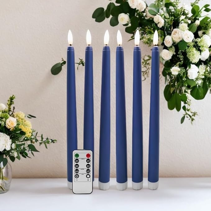 Navy Blue Flameless Taper Candles with Remote Timer, Flickering Battery Operated LED Candlesticks Set of 12