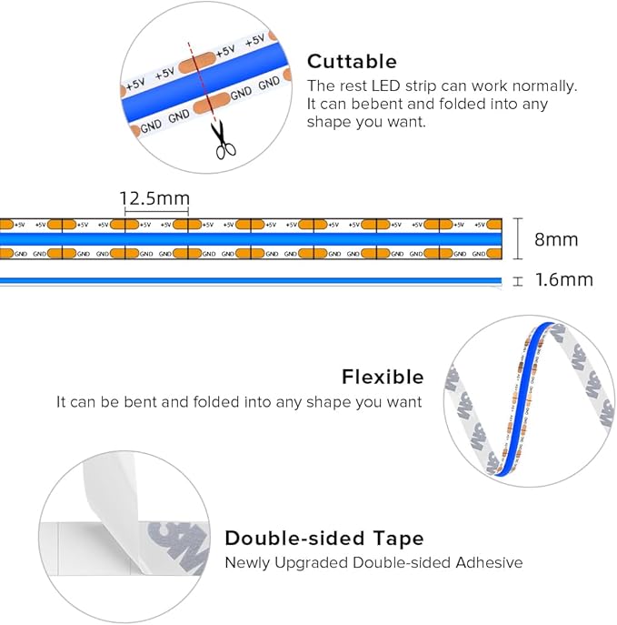 BTF-LIGHTING FCOB COB FOB LED Strip Lights 5V USB Powered 3.28FT 320LEDs Blue Color 8mm Width Dimmable CRI 90+ with 3M Tape Flexible High Density for 3D Printer TV Backlight PC DIY Decor