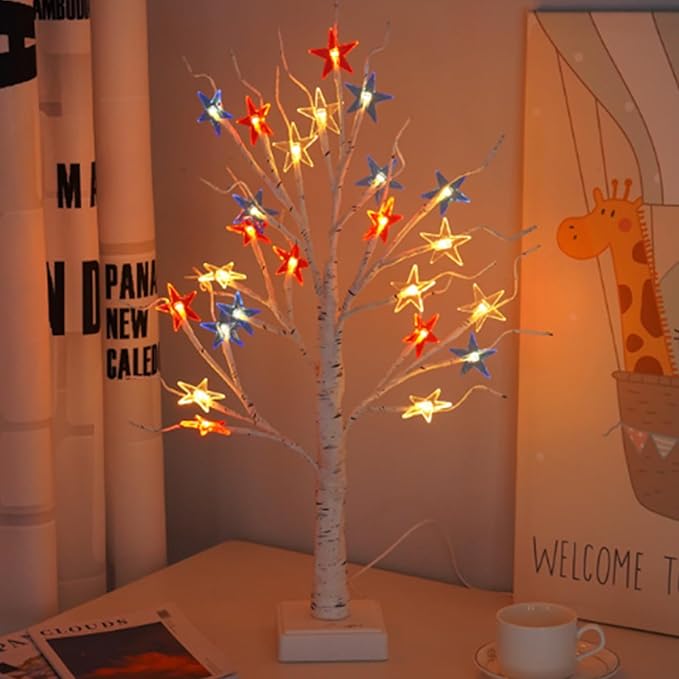 24 LED Tabletop Tree Light Artificial Tree Lamp for 4th of July Independence Day Room Bedroom Office Decor,Mini White Birch Tree Fake Twinkle Trees Lamp with a Timer 3 AA Battery or USB Powered