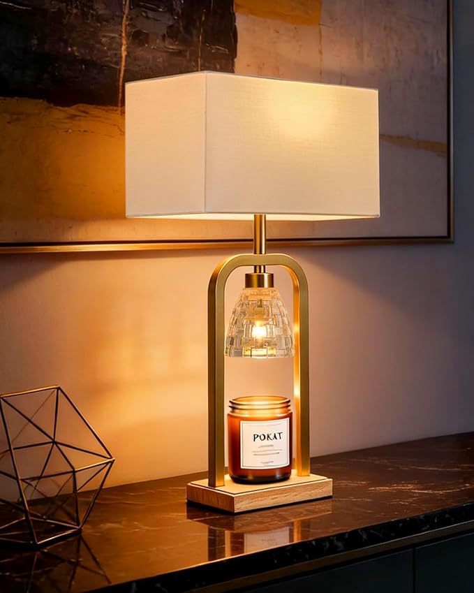 PoKat Electric Candle Warmer Lamp Gold, Lamp Candle Warmer with Timer Dimmer, Wax Light Warming Table Lamp for Jar Candles, Modern Bedside Lamp for House Warming Home Decor Living Room, Bulb Included