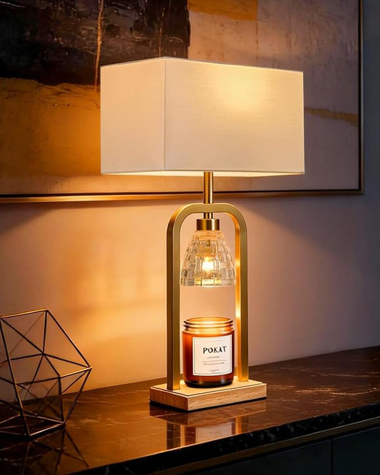 PoKat Electric Candle Warmer Lamp Gold, Lamp Candle Warmer with Timer Dimmer, Wax Light Warming Table Lamp for Jar Candles, Modern Bedside Lamp for House Warming Home Decor Living Room, Bulb Included