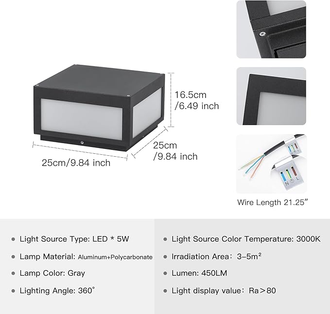 Outdoor Post Lights, 9.84" Square Pillar Lights Hard Wired, Modern Column Lighting Waterproof LED 3000K Warm Posts Lamp Lantern for Patio Driveway Entrance Deck Garden Decoration(120V)