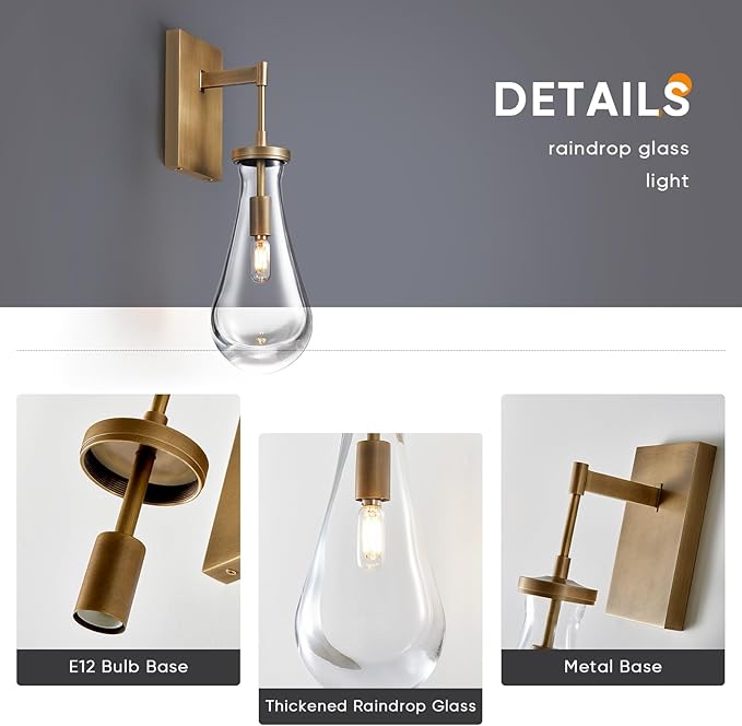17" L Wall Sconces,Morden Wall Lights Fixtures Raindrop Wall Sconce Bathroom Vanity Light Brass Wall Lamps for Living Room,Bedroom,Hallway,Stairs,Indoor
