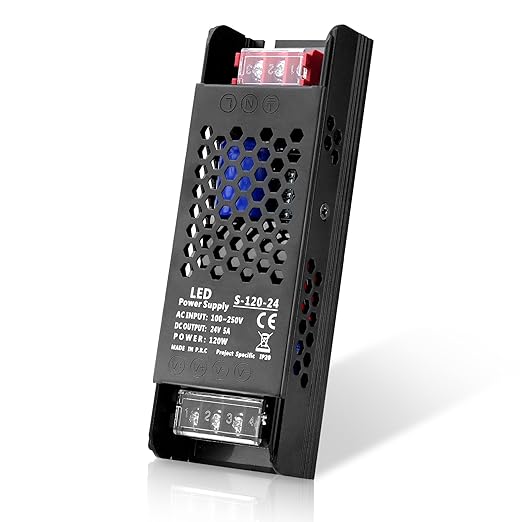 LED Driver 24V 120W 5A Slim LED Power Supply, AC 100-250V to 24V DC Adapter, Constant Voltage LED Transformer for Strip Lights, Bulbs, Garden and Cabinet Lights