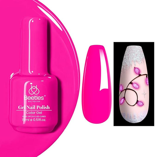 Beetles Hot Pink Gel Nail Polish - Luminous Pink Gel Polish 15ml Glow in the Dark Pink Easter Soak Off Uv LED Nail Lamp Nail Art Manicure Salon DIY Home Gift for Women Girls