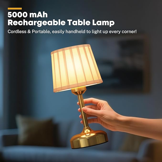 Mini Cordless Table Lamp, Small Table Lamp 5000mAh Rechargeable Table Lamp Battery Operated Touch Lamp Fabric Shade Stepless Dimmable Bedside Lamps for Bedroom, Living Room, Dining Room