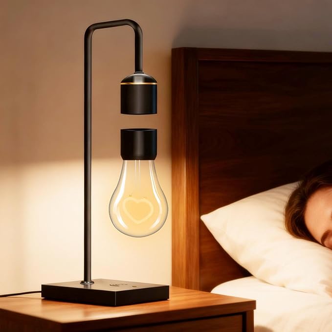 Magnetic Levitating Bulb Lamp with Wireless Charging Pad Levitation Floating Heart Bulb Table Lamp LED Deak Lamp Night Light for Christmas Gift Birthday Present Bedroom Decoration