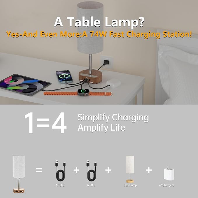 Bedside Table Lamps Set of 2, Desk Lamp with Charging Station 74W【2 * 3.94ft Retractable Cords & 2 USB Ports】, 3 Way Dimmable Touch Lamps for Nightstand (Grey-Wood Grain Set of 2)