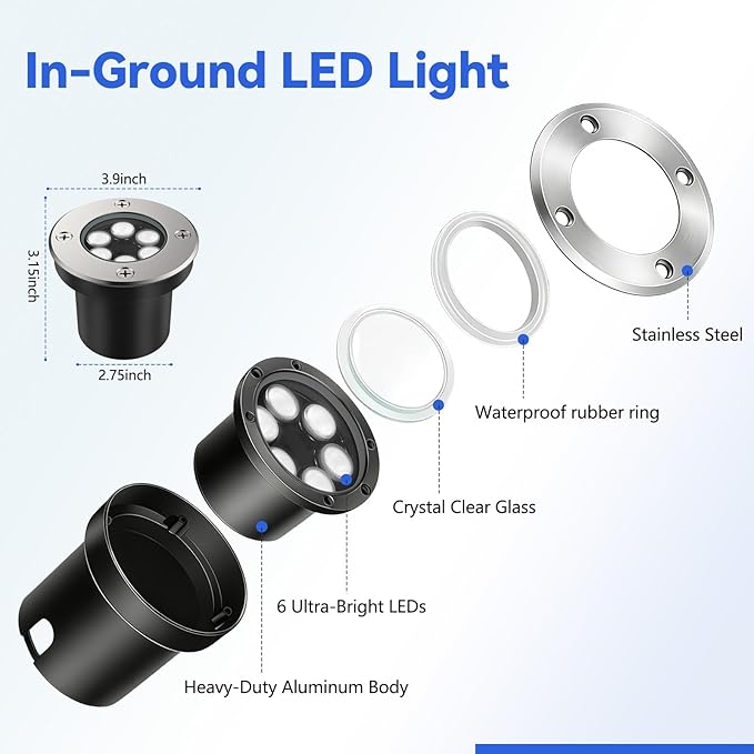 JESLED Low Voltage Landscape Lights, 6W LED Well Lights IP67 Waterproof, 3000K Warm White In-Ground Lights with Wire Connectors for Pathway, Deck, Patio, Yard, Garden (8 Pack)