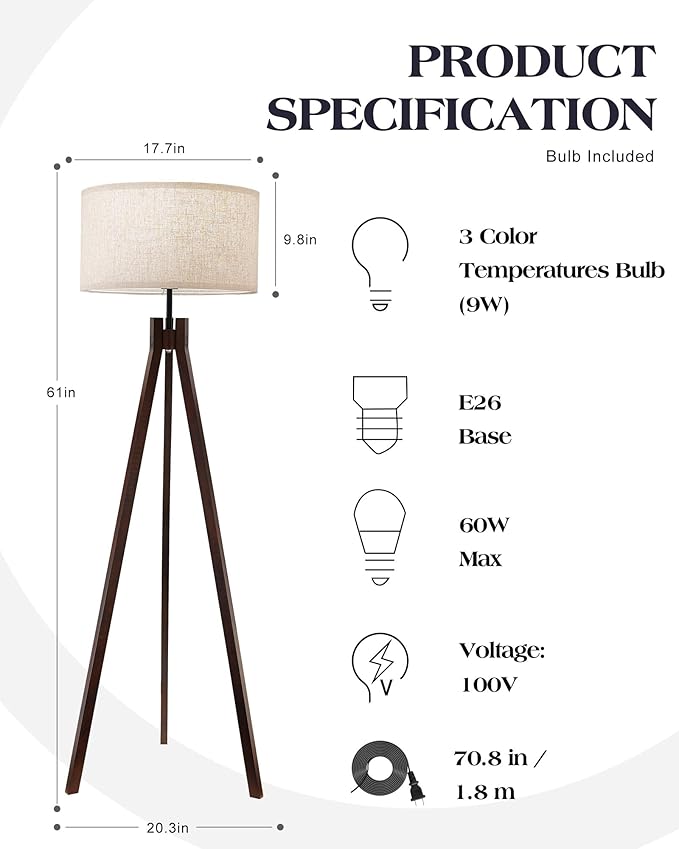 ELYONA Wood Tripod Floor Lamp for Bedroom, 3 Color Temperatures & Linen Shade, Modern Reading Standing Lamp with 9W LED Bulb, Mid Century Night Light for Farmhouse, Living Room, Office, Walnut