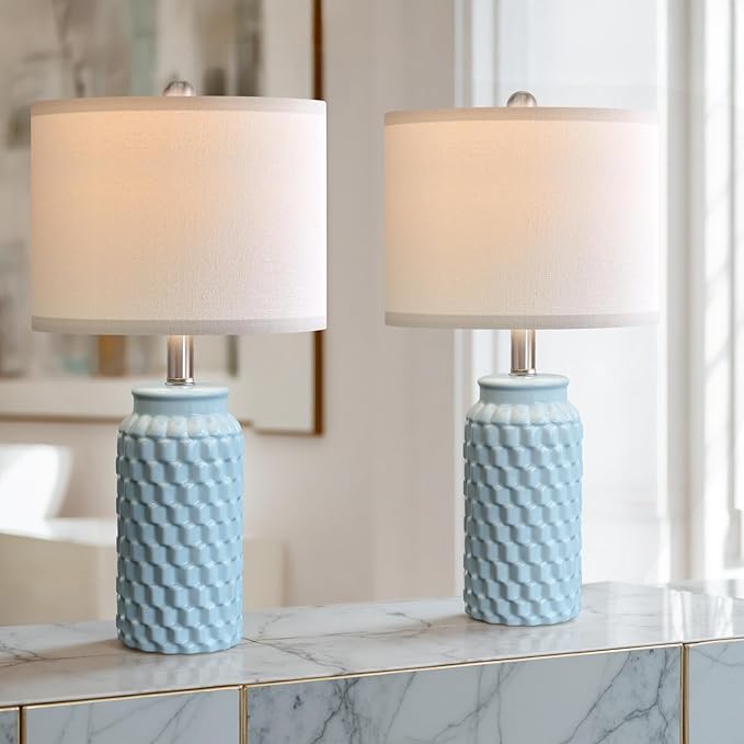20.5" Light Blue Modern Ceramic Bedside Lamp Set of 2 for Bedroom Decor Farmhouse Table Lamp for Living Room Office Dorm