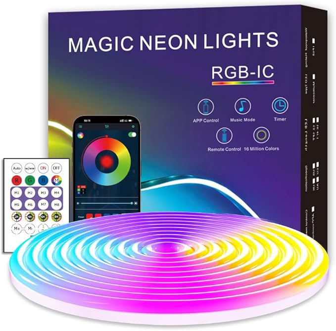 9.8ft LED Neon Rope Lights, RGB Plus IC Neon Strip Lights, IP68 Waterproof Dimmable Rope Light with APP Remote Control for Gaming Room Living Room Bedroom Indoor Outdoor Decor