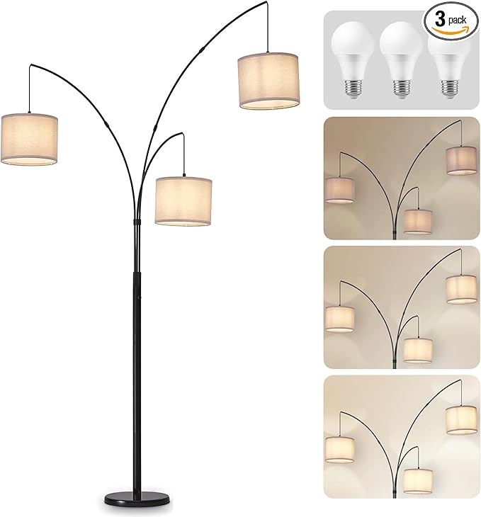 DLLT Modern Floor Lamp for Room: 3-Light Black Tree Dimmable Floor Lamps with Gray Shades for Living Room - Arc Standing Lamp for Bedroom - Tall Floor Lamp for Office Corner 3 LED Bulbs Included