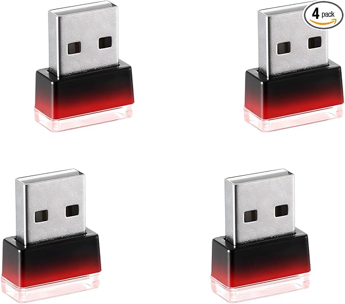 4 PCS USB LED Car Interior Atmosphere Lamp, Portable Plug-in 5V USB Car LED Interior Lighting Night Lamp, Mini U SB Ambient Lighting Decor for Home C ar Laptop Keyboard (Red)