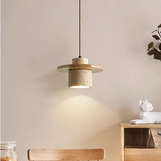 Japanese Wabi Sabi Pendant Light Nordic Natural Stone Chandeliers Concrete Simple Light Fixture for Dining Room Bedside Kitchen Island Hallway（Wood Color