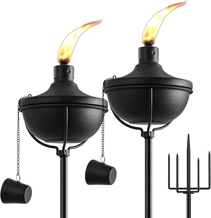 Home Garden Torch Set of 2, Outdoor Metal Torches with 5-Prong Grounded Stake, 56-Inch Adjustable Citronella Torches, 23.5 oz Metal Light for Patio, Pathway, Party (Ultra-Stable Design)